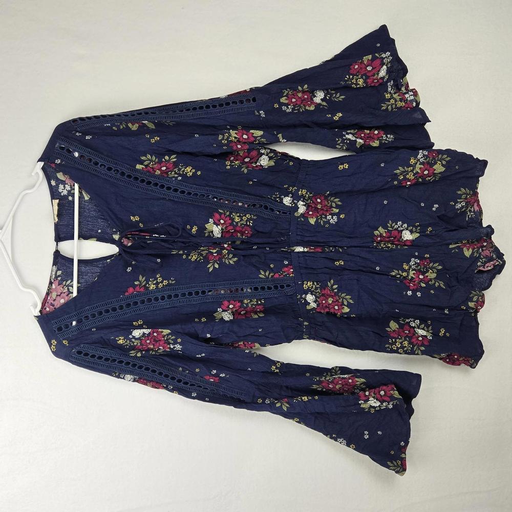 Hem & Thread Navy Floral Bell Sleeve Boho Romper Size L